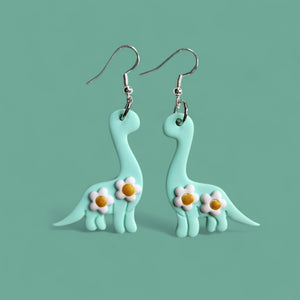 Whimsical Dinosaur flower clay earrings