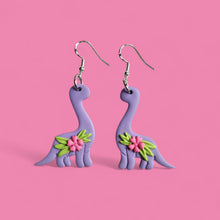 Load image into Gallery viewer, Purple Dinosaur Flower Earrings – Handmade Polymer Clay