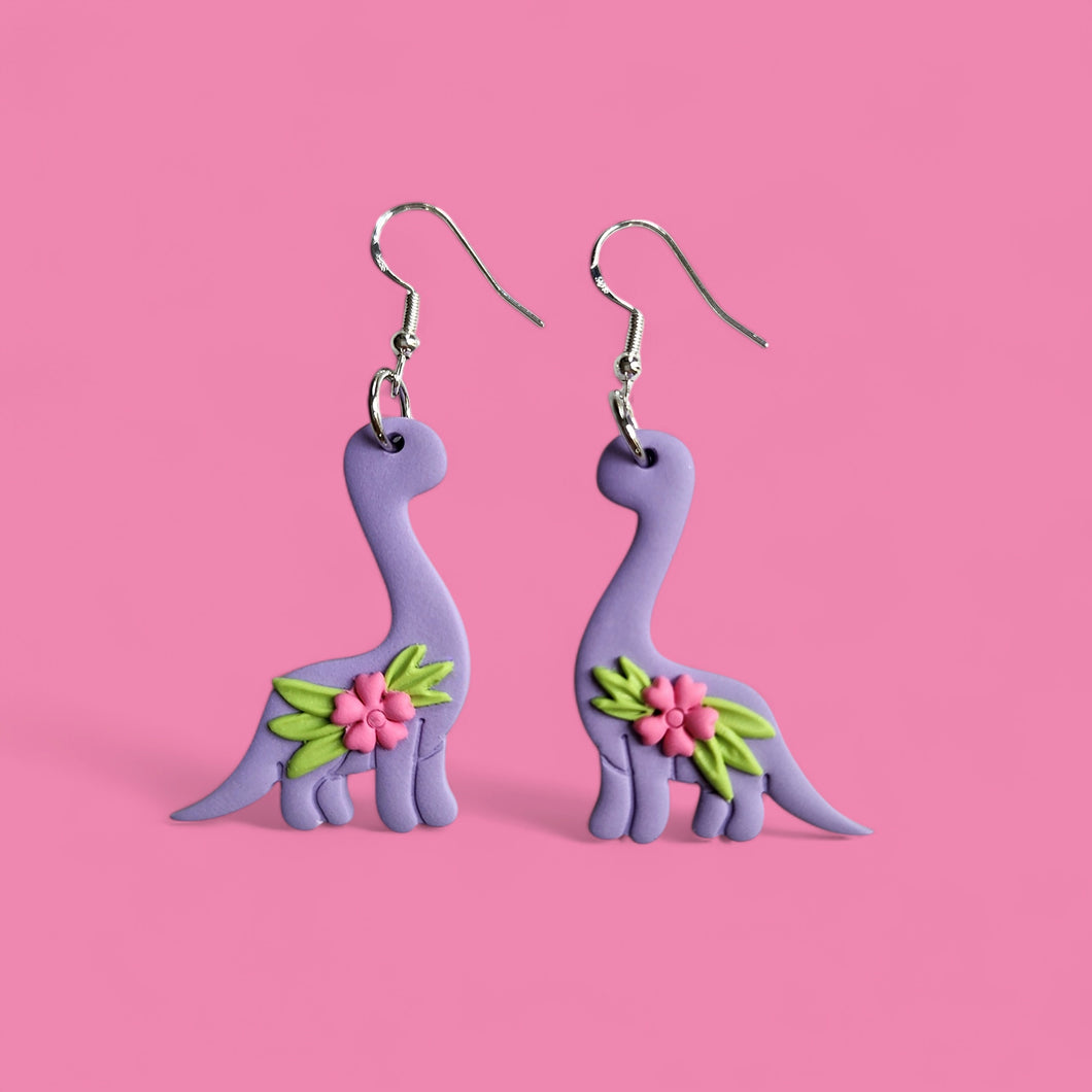 Purple Dinosaur Flower Earrings – Handmade Polymer Clay