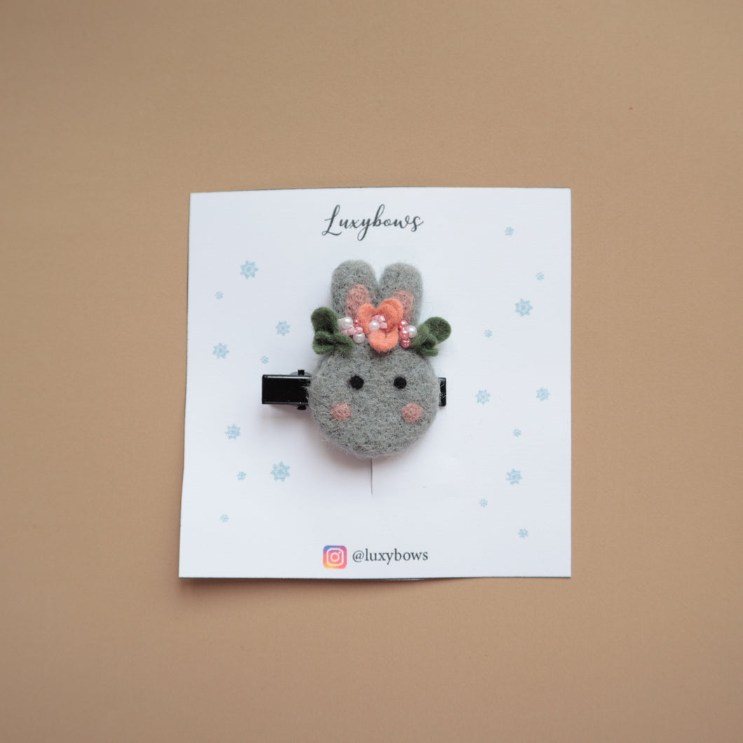 100% wool Needle felted Grey Bunny Hair clip